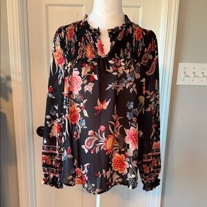 LOFT Black Blouse with Vibrant Floral Design